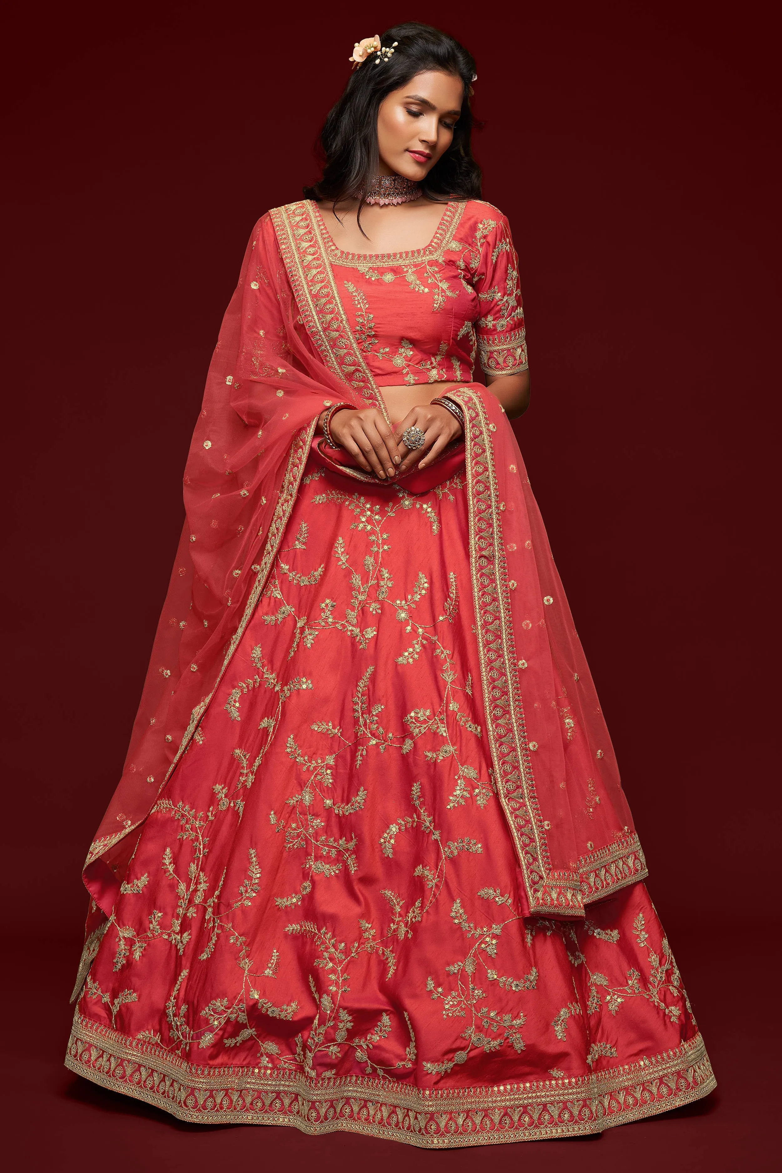 Attractive Coral Red Thread Embroidered Silk Wedding Wear Lehenga Choli