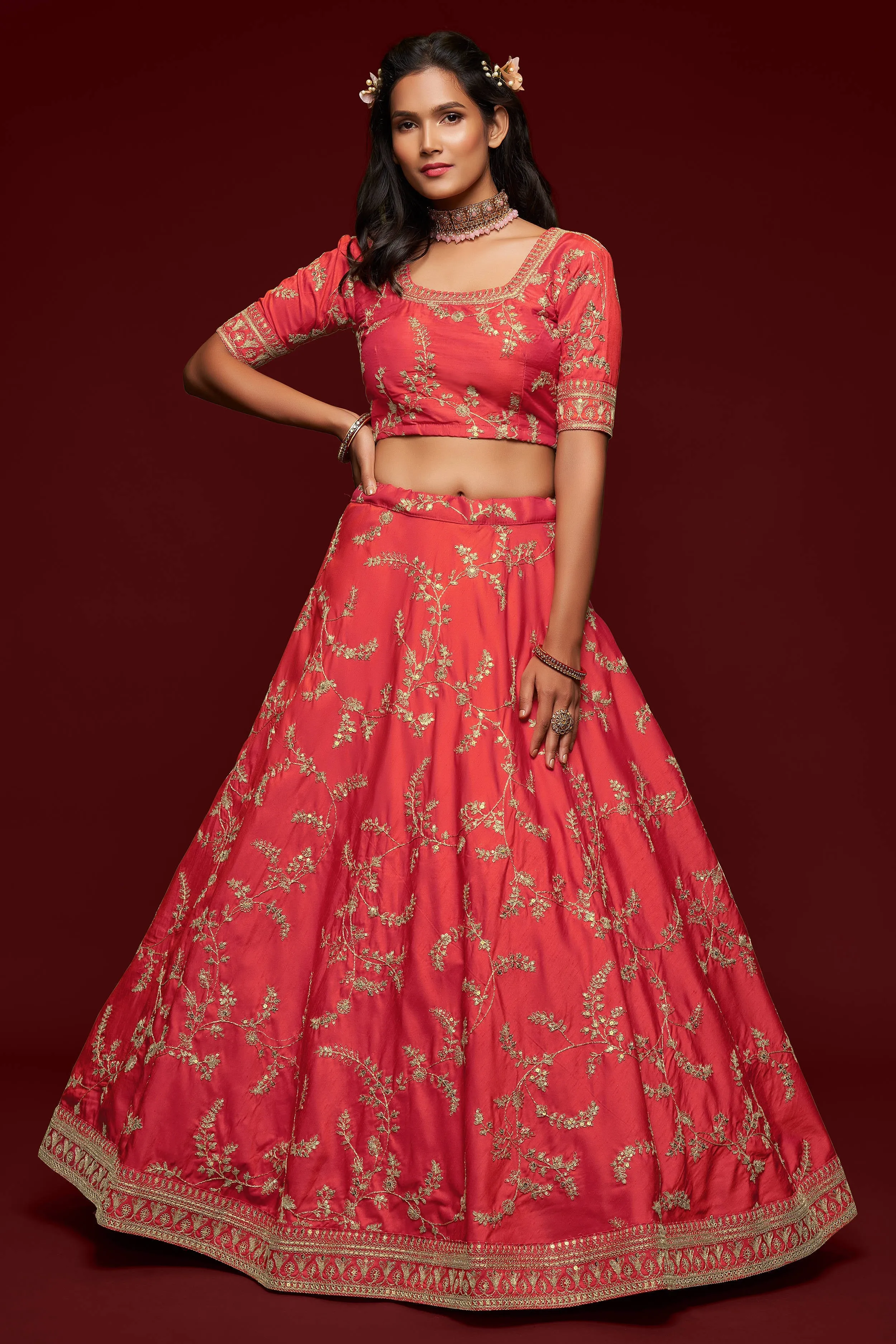 Attractive Coral Red Thread Embroidered Silk Wedding Wear Lehenga Choli