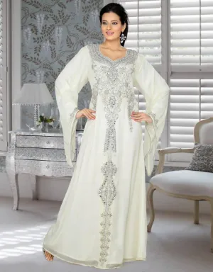 Attractive Embroidered Long Kaftan Dresses-White