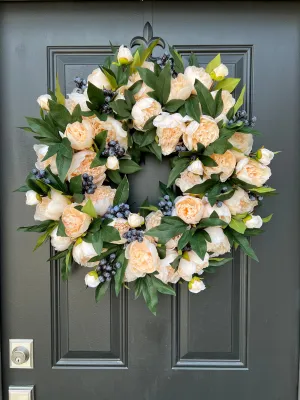 Attractive Fall Cream Peony and Blueberry Wreath