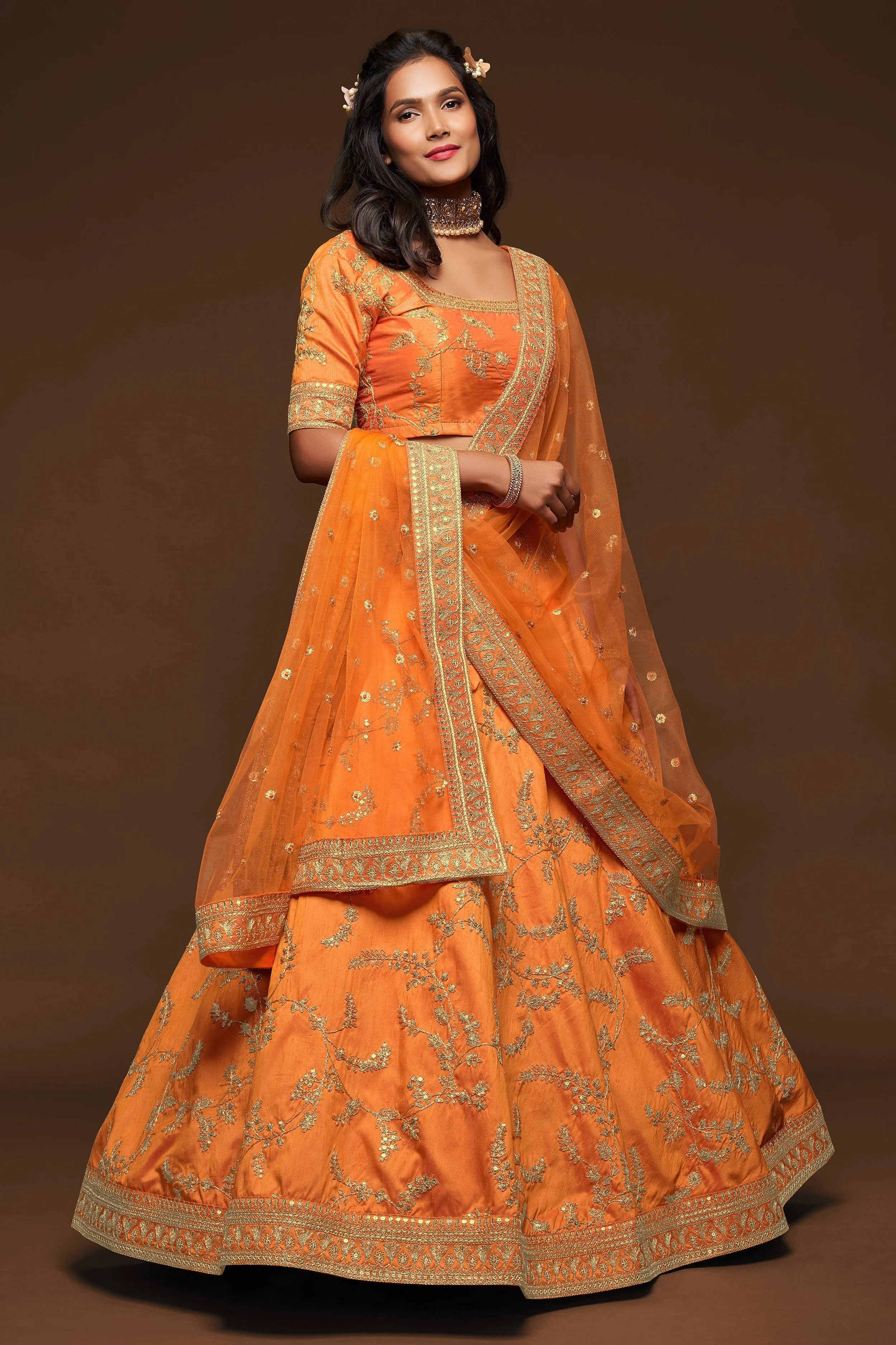 Attractive Orange Thread Embroidered Silk Wedding Wear Lehenga Choli