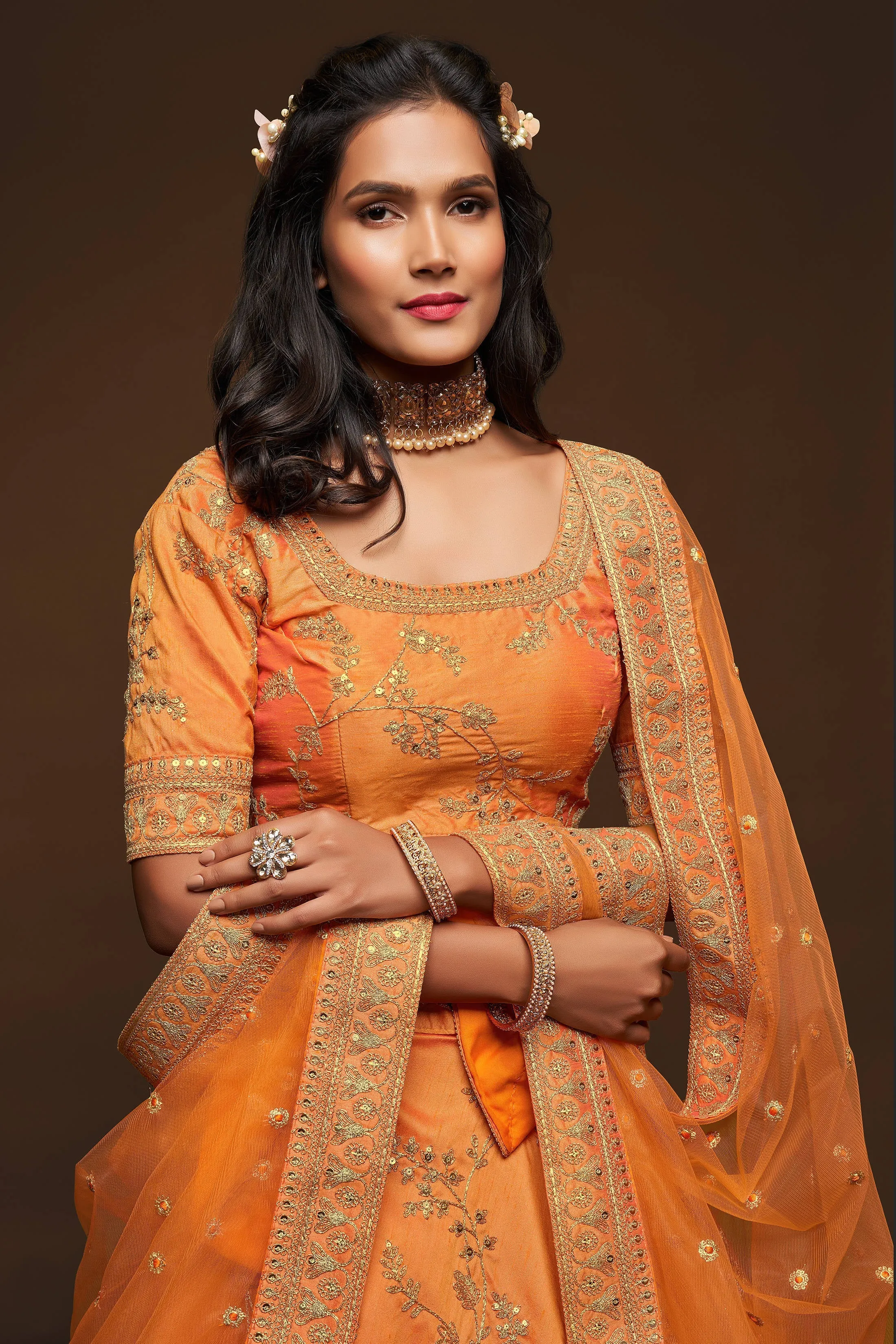 Attractive Orange Thread Embroidered Silk Wedding Wear Lehenga Choli