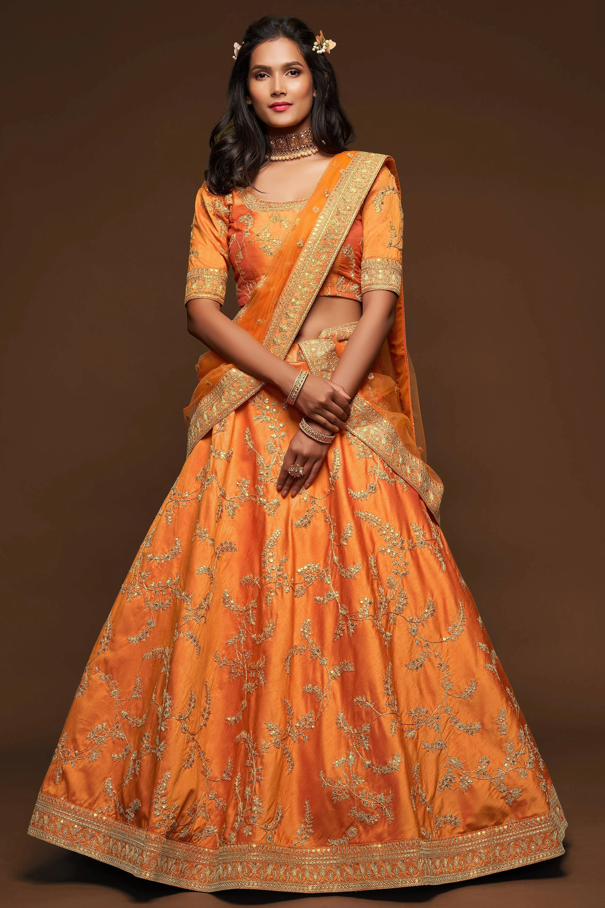 Attractive Orange Thread Embroidered Silk Wedding Wear Lehenga Choli