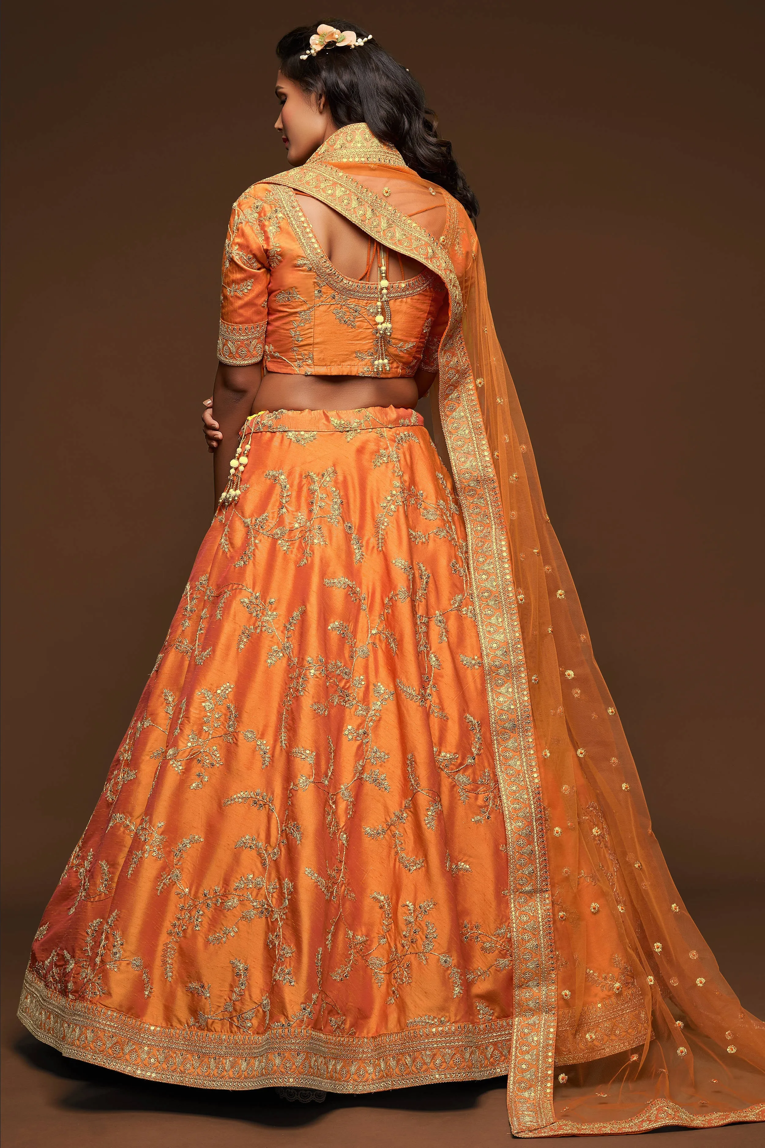 Attractive Orange Thread Embroidered Silk Wedding Wear Lehenga Choli