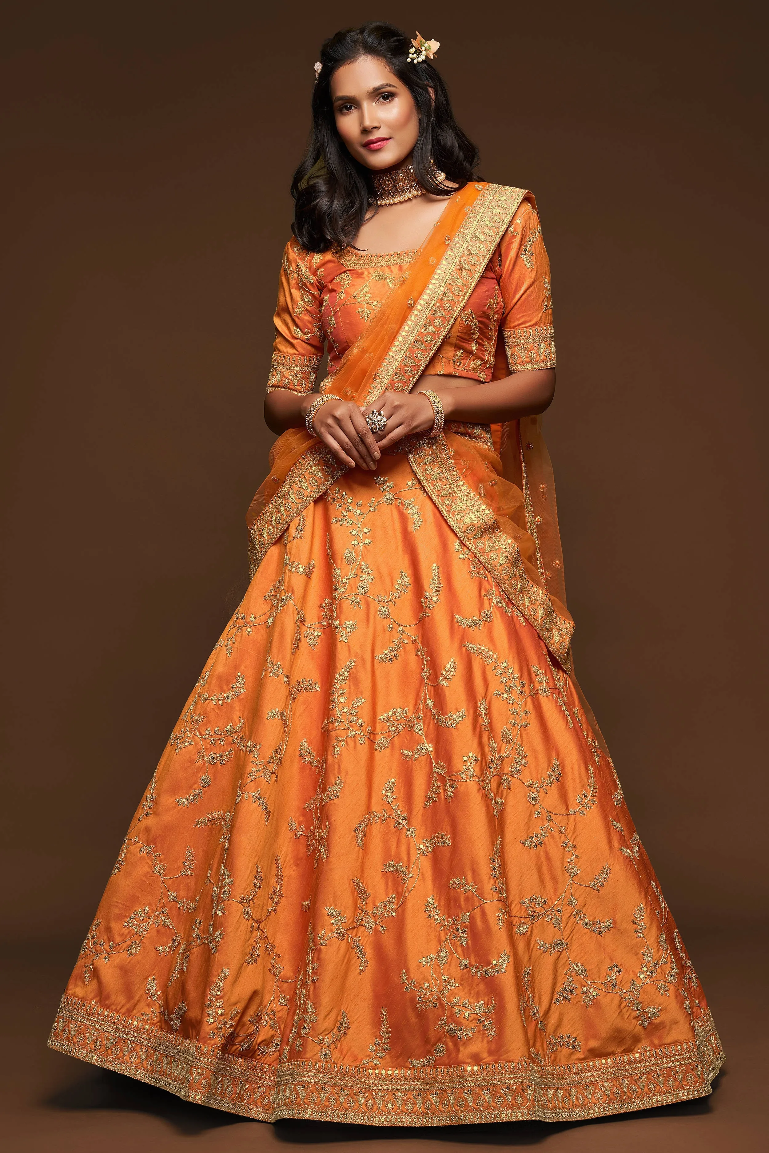 Attractive Orange Thread Embroidered Silk Wedding Wear Lehenga Choli