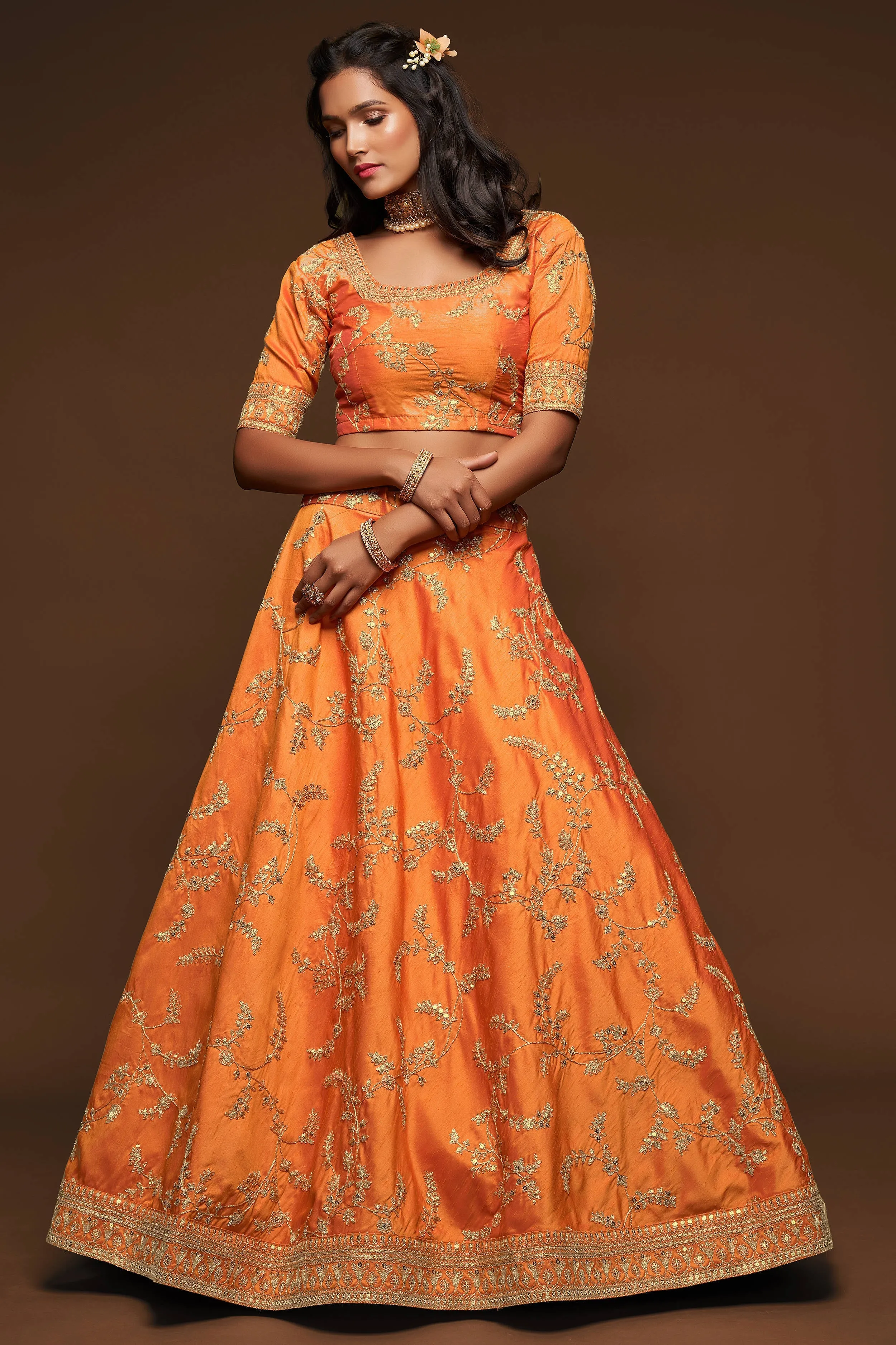 Attractive Orange Thread Embroidered Silk Wedding Wear Lehenga Choli