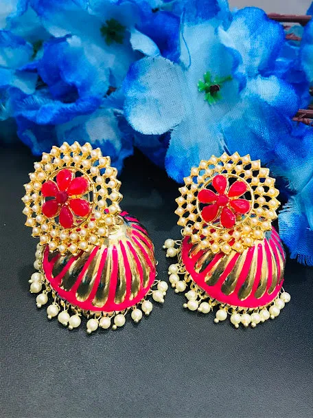 Attractive Pink Color Gold Plated Earrings