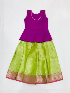 Attractive Purple Colored Silk Langa Sets For Girls