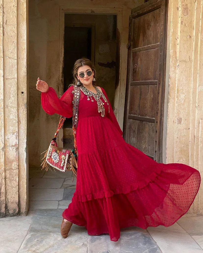 Attractive Red Color Balloon Sleeve Design Georgette Gown