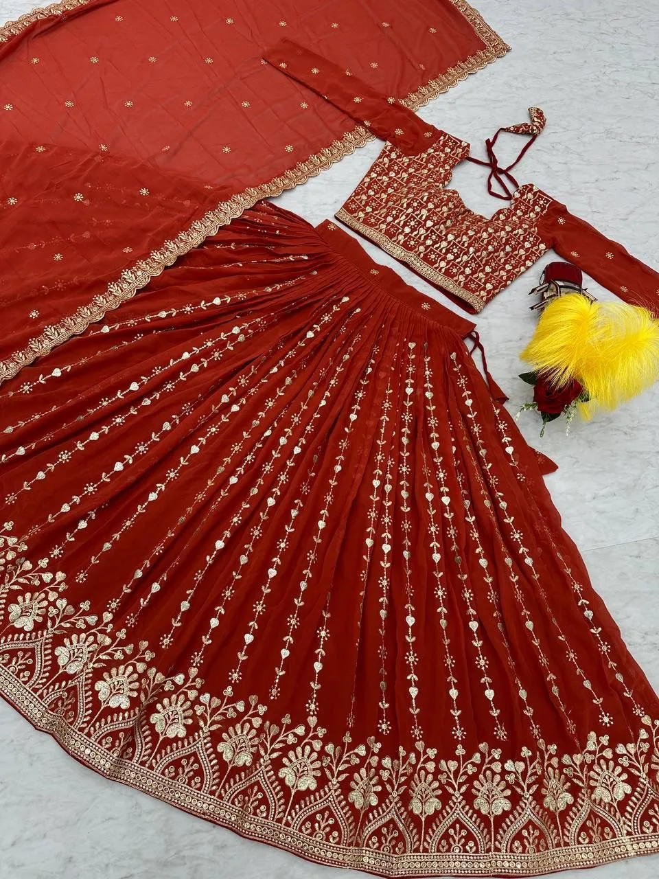 Attractive Red Color Georgette Embroidery Sequins Work Lehenga Choli