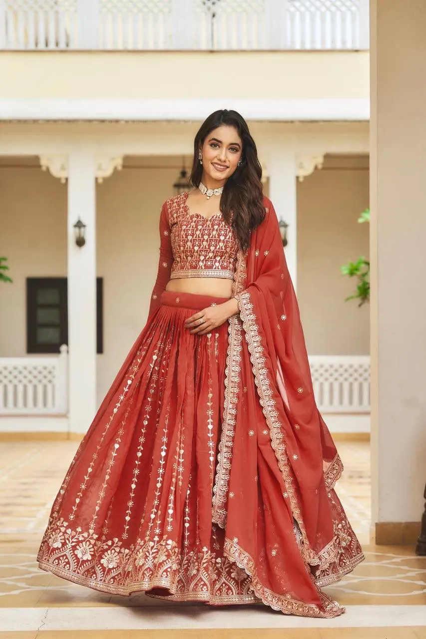 Attractive Red Color Georgette Embroidery Sequins Work Lehenga Choli