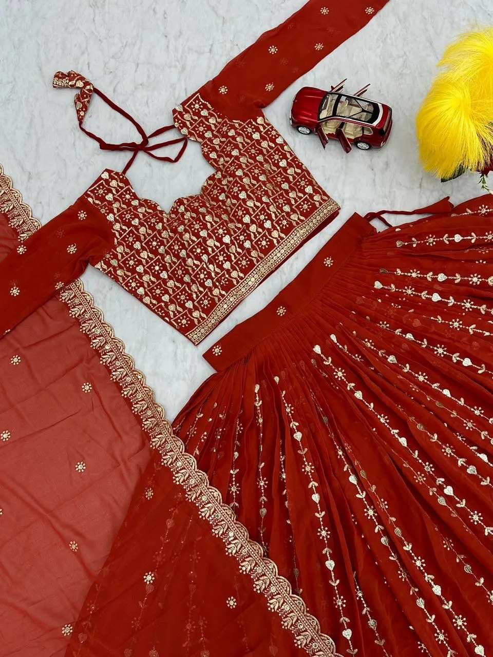 Attractive Red Color Georgette Embroidery Sequins Work Lehenga Choli