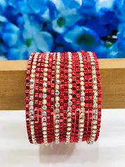 Attractive Red Color Metal Bangles Set With Stones For Girls