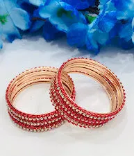 Attractive Red Color Metal Bangles Set With Stones For Girls