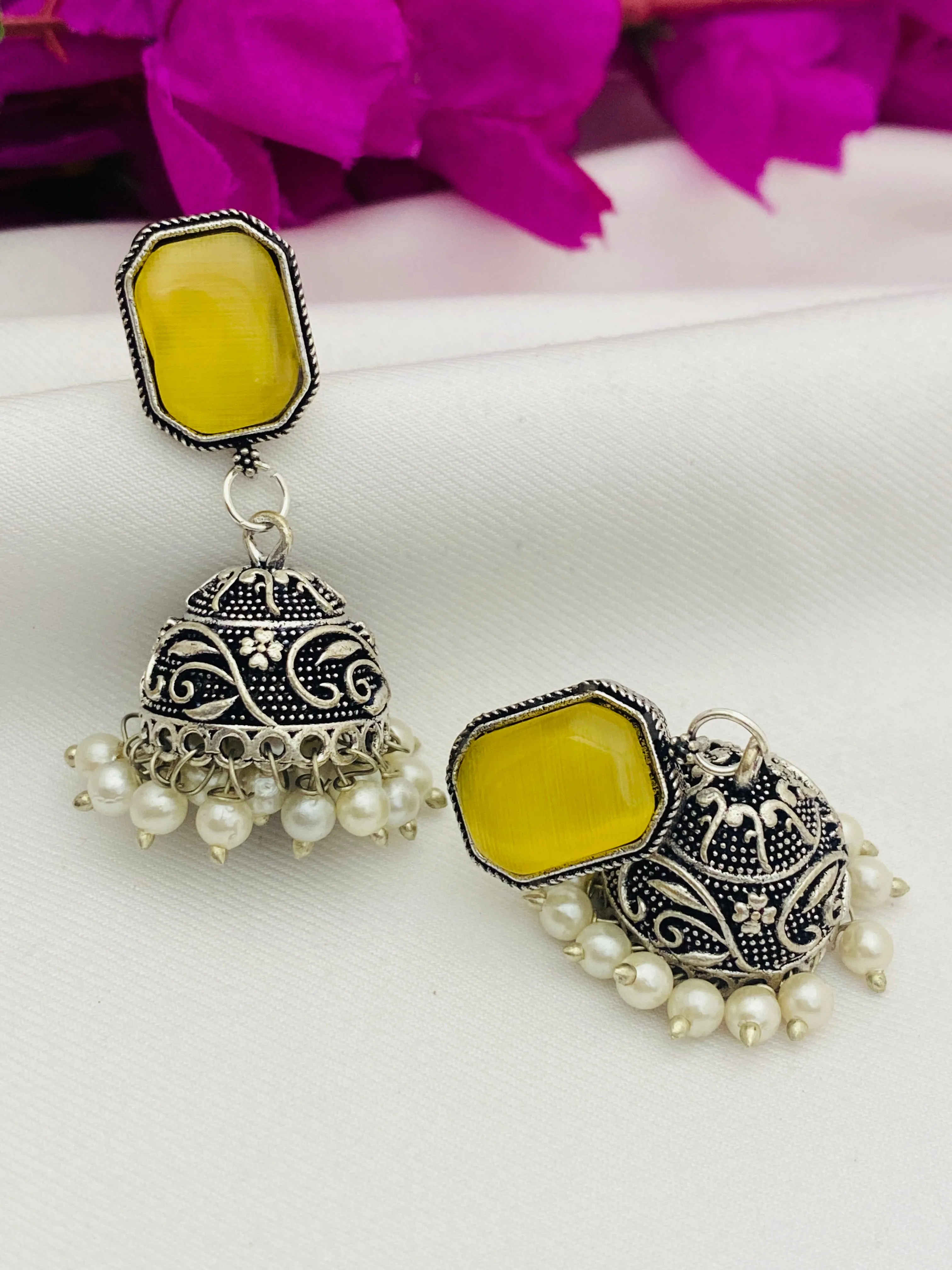 Attractive Yellow Color Designer Silver Oxidized Jhumkha Earrings For Women