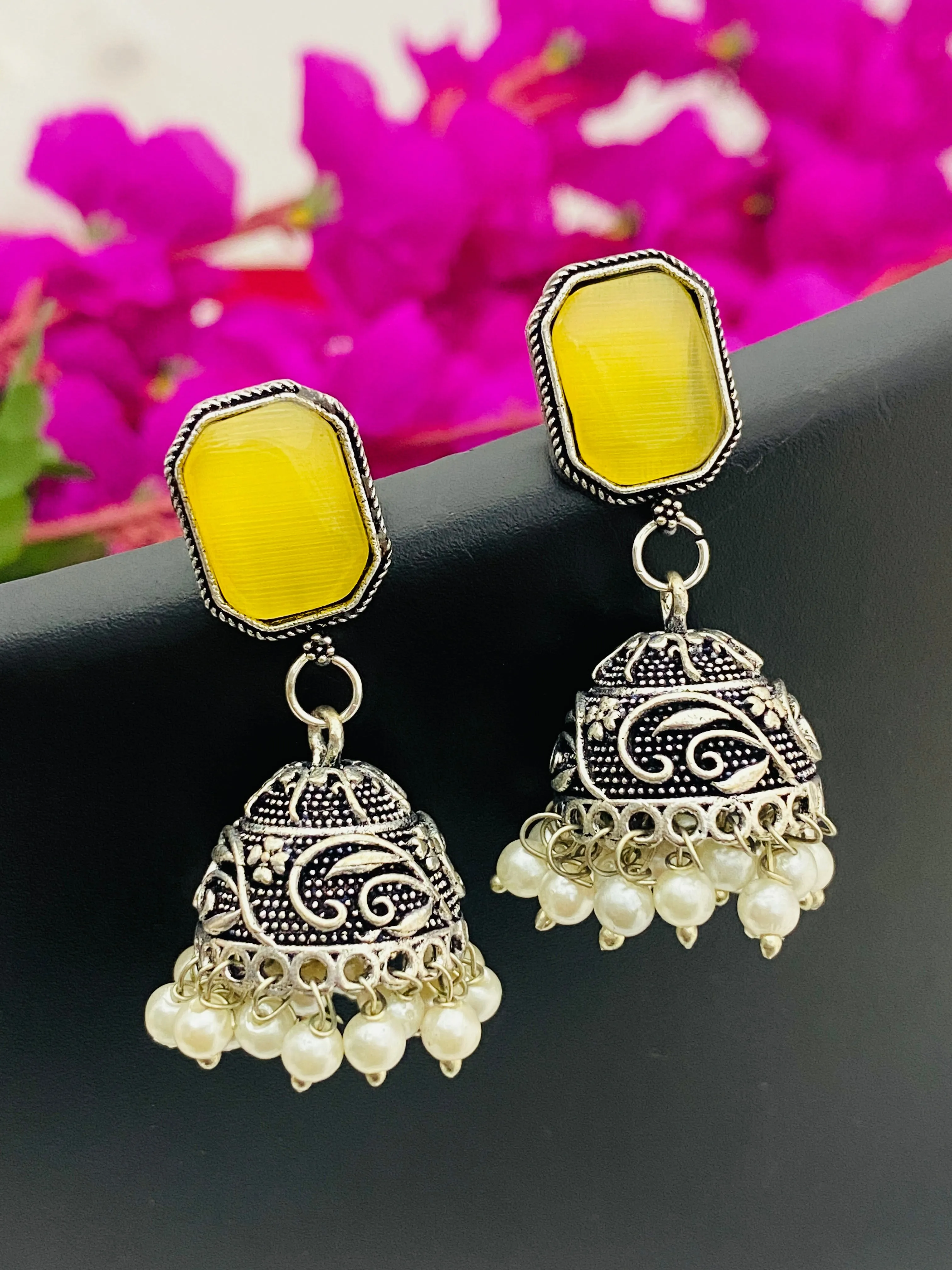 Attractive Yellow Color Designer Silver Oxidized Jhumkha Earrings For Women