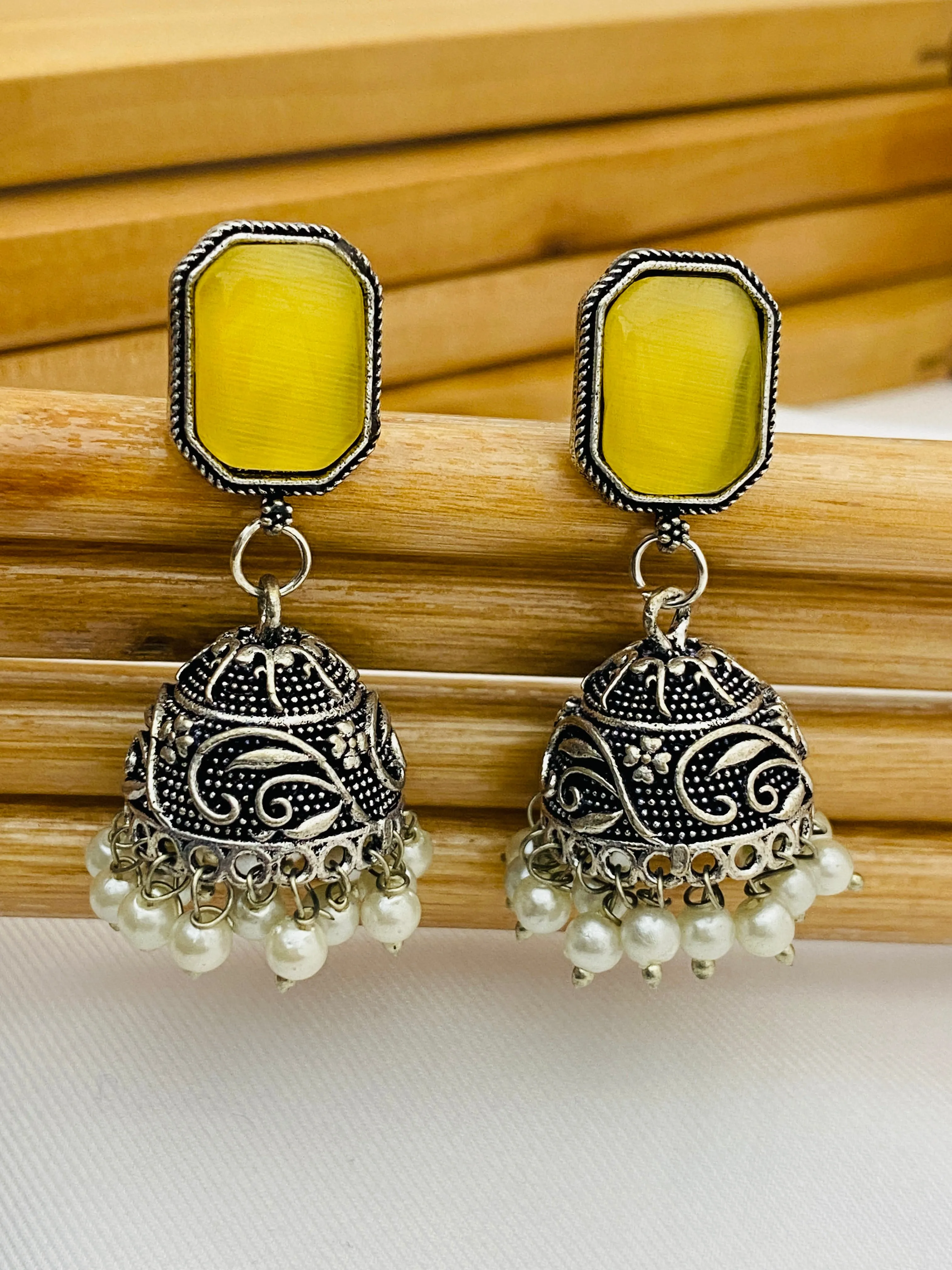 Attractive Yellow Color Designer Silver Oxidized Jhumkha Earrings For Women