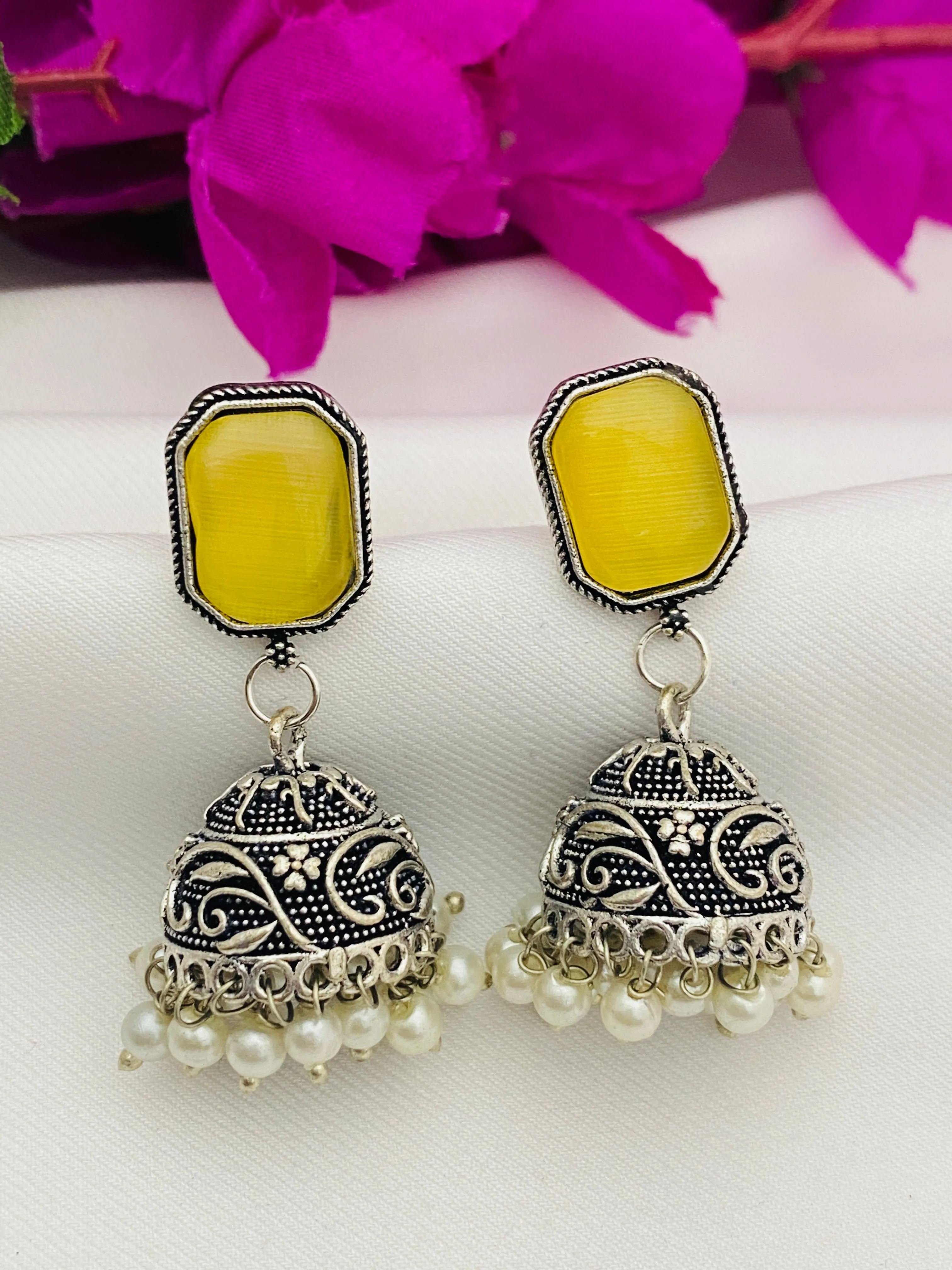 Attractive Yellow Color Designer Silver Oxidized Jhumkha Earrings For Women