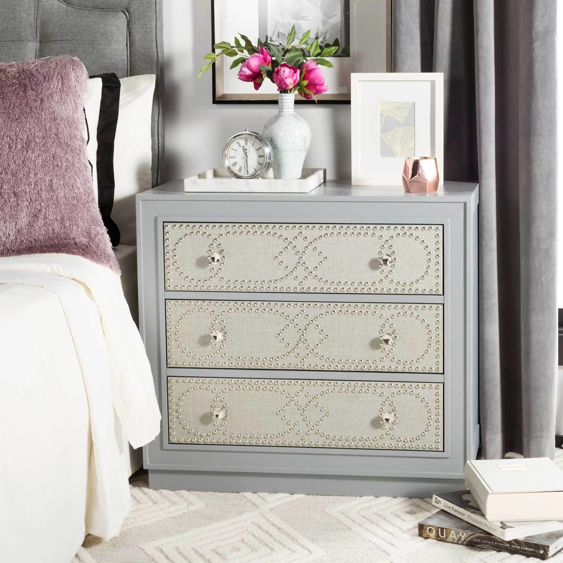 Aubrey 3 Drawer Chest Light Gray/Nickel