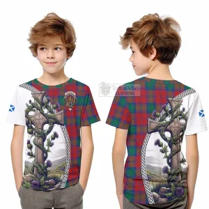 Auchinleck (Affleck) Tartan Kid T-Shirt with Family Crest and St. Andrew's Cross Accented by Thistle Vines