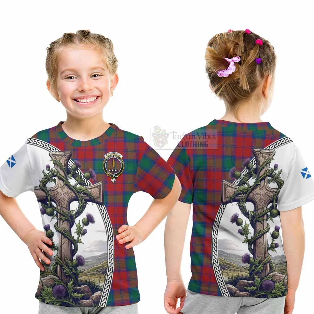 Auchinleck (Affleck) Tartan Kid T-Shirt with Family Crest and St. Andrew's Cross Accented by Thistle Vines