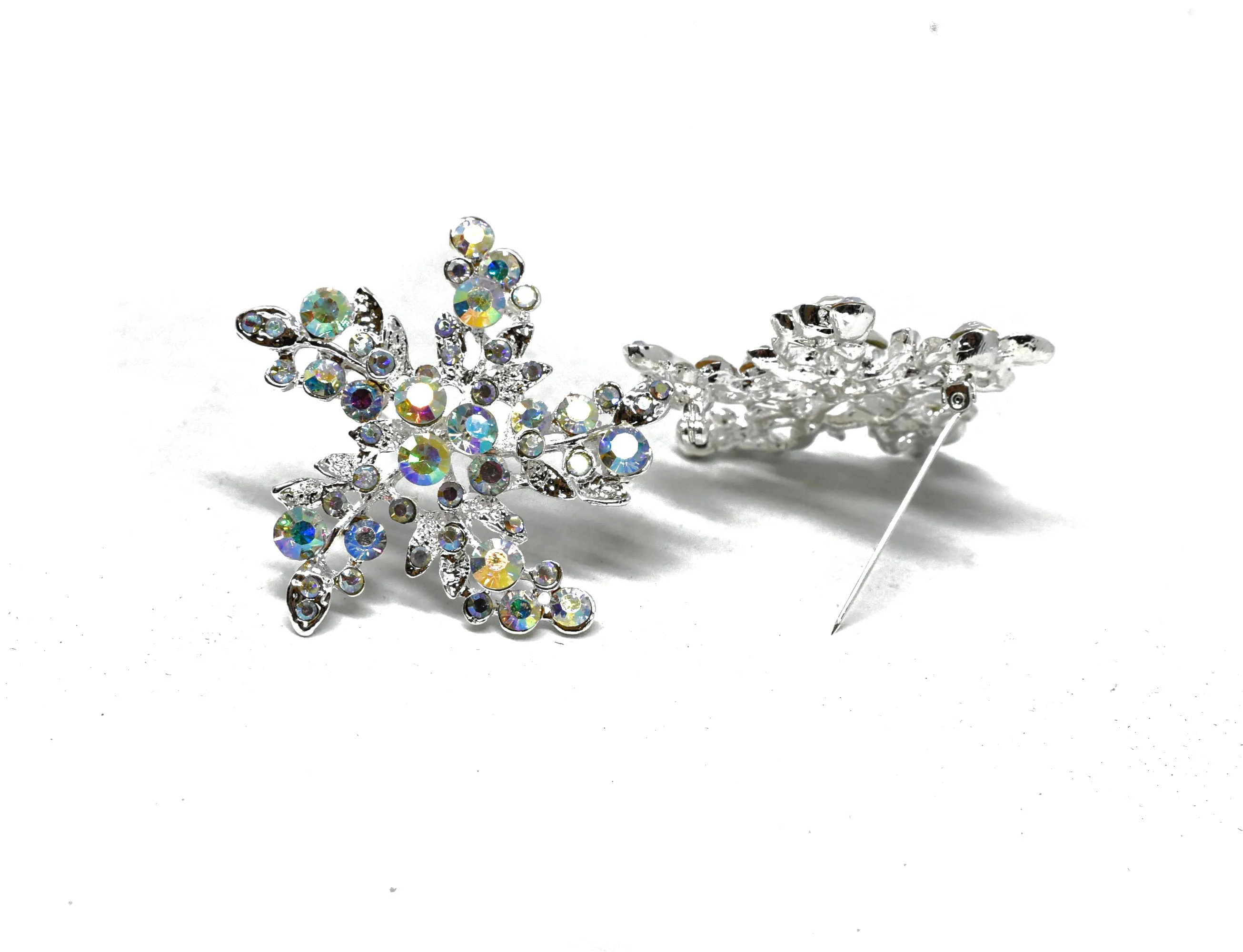 Aurora Borealis Rhinestone Flower Brooch w/ Pin 2" - 1 Piece