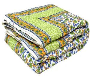 AUROSTYLE 400 TC Jaipuri LightWeight Pure Cotton Traditional Rajasthani Print Olive Green Colour Single Bed Quilt/Razai/Rajai ( Olive Greenl, Floral Print, Single Bed, breathable, Pack of 1)