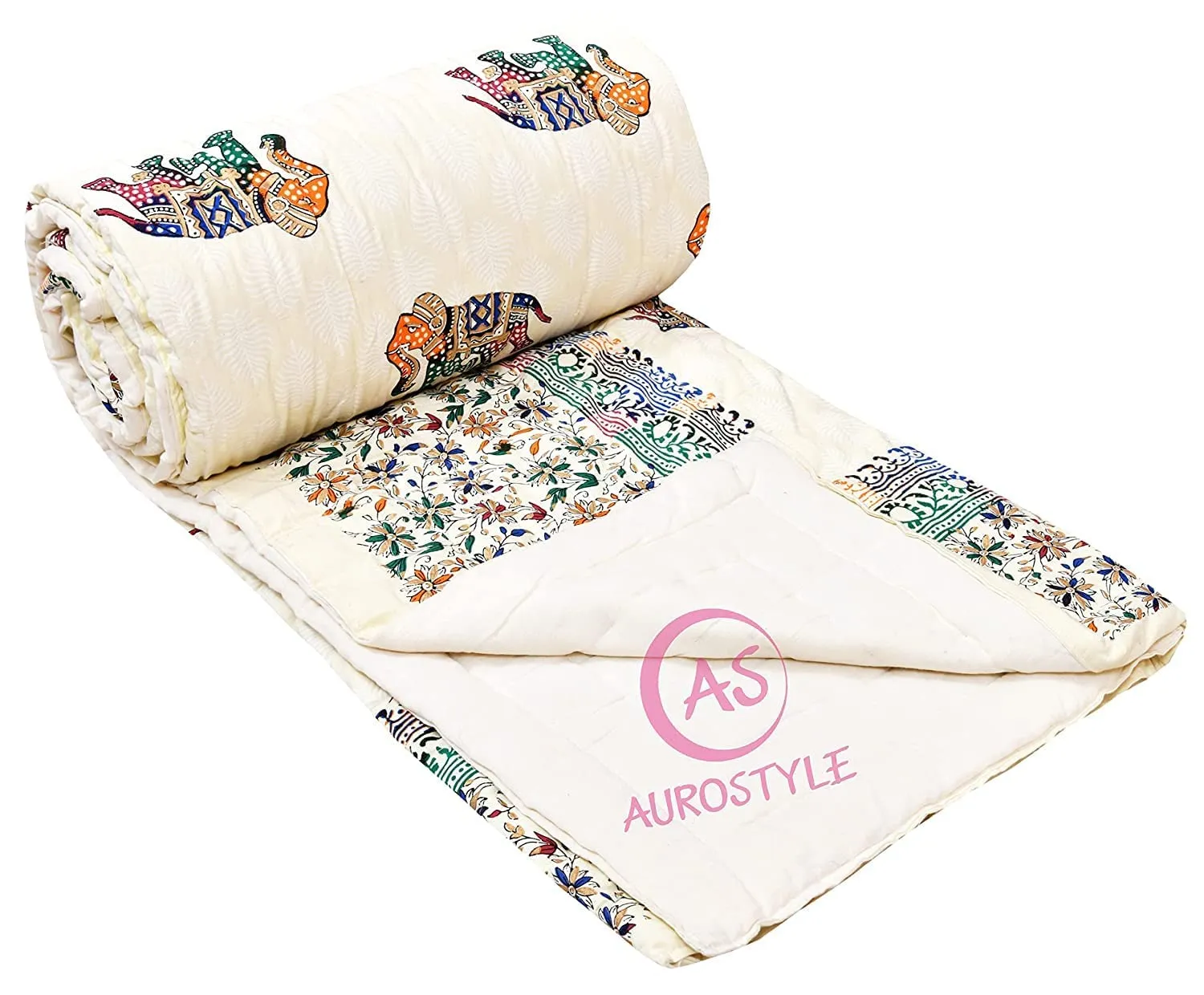 AUROSTYLE Pure Cotton 400 TC Traditional Rajasthani Hand Block Printed Double Bed Jaipuri Quilt/Razai/Rajai [Light Weight, Multicolor, Double Bed-90 x 108 Inches] (Design 2)