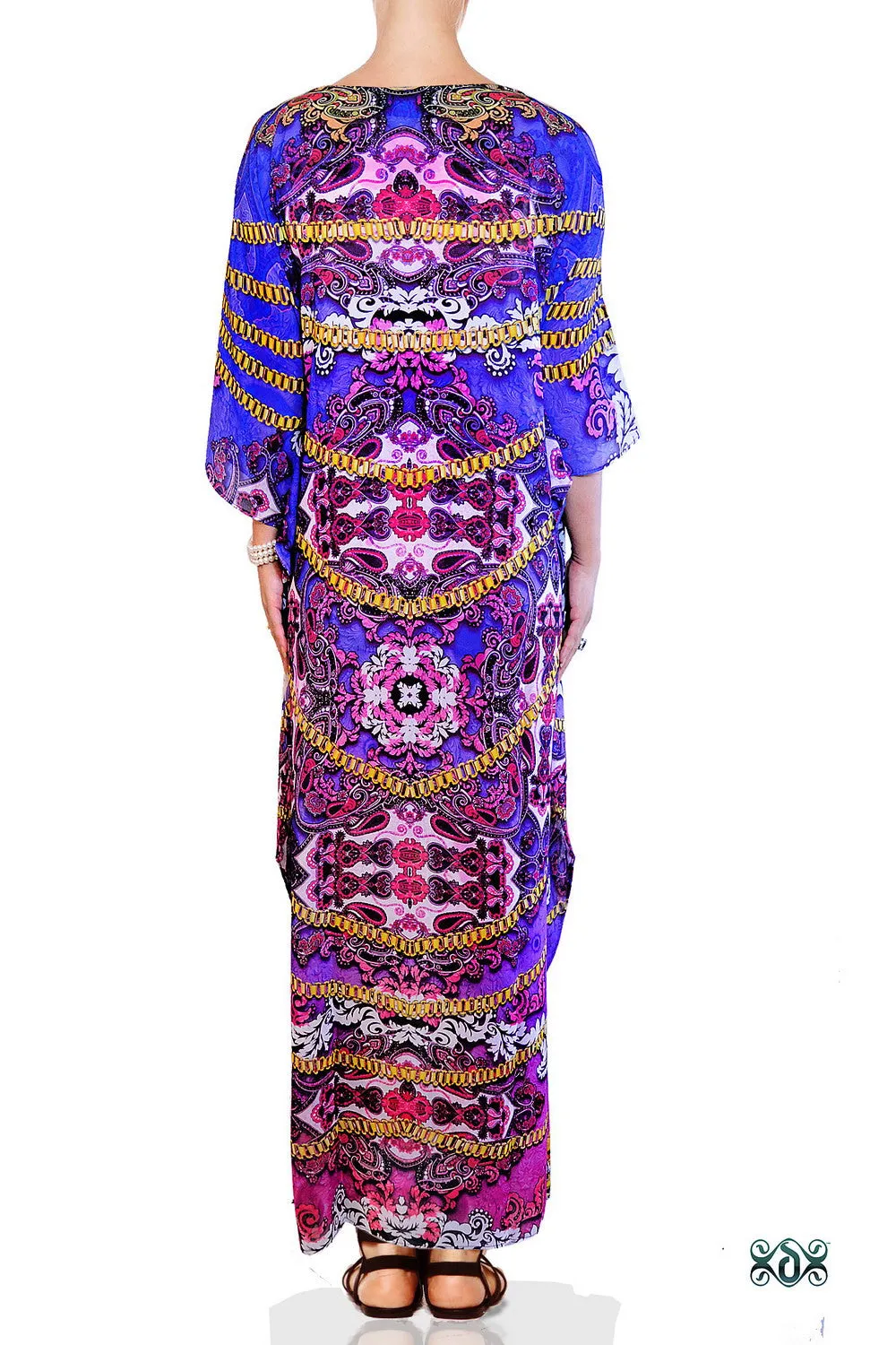 AURUM 79 Purple Bohemian Print Devarshy Crystals Embellished Long Kaftan