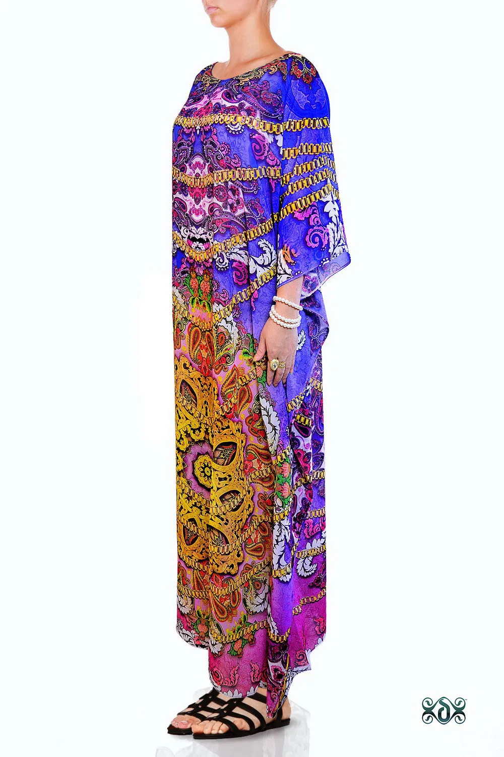 AURUM 79 Purple Bohemian Print Devarshy Crystals Embellished Long Kaftan