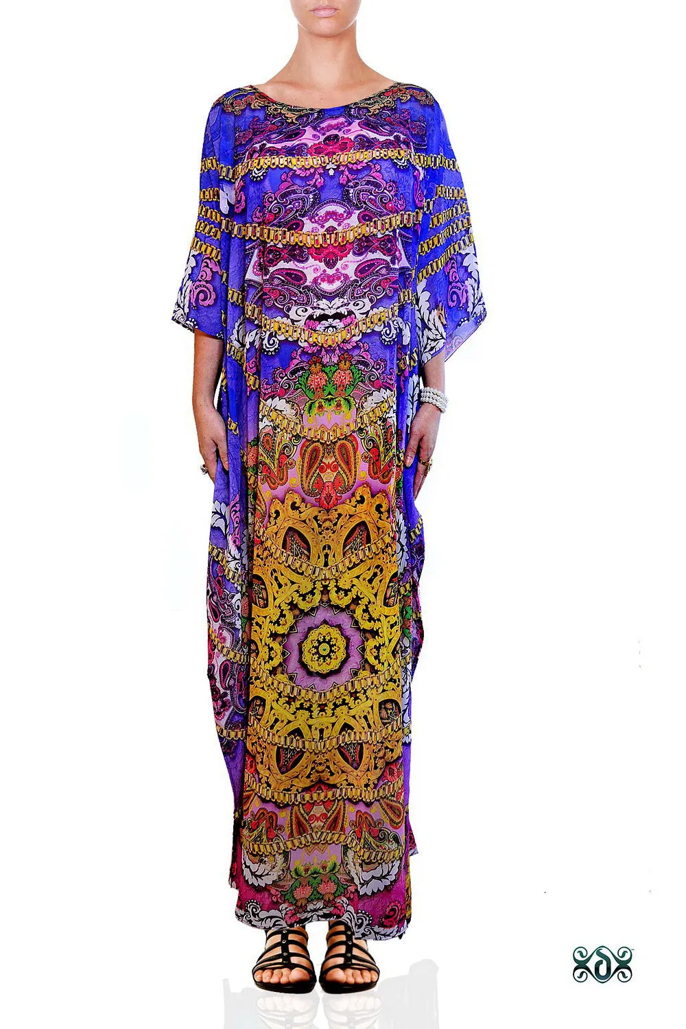 AURUM 79 Purple Bohemian Print Devarshy Crystals Embellished Long Kaftan