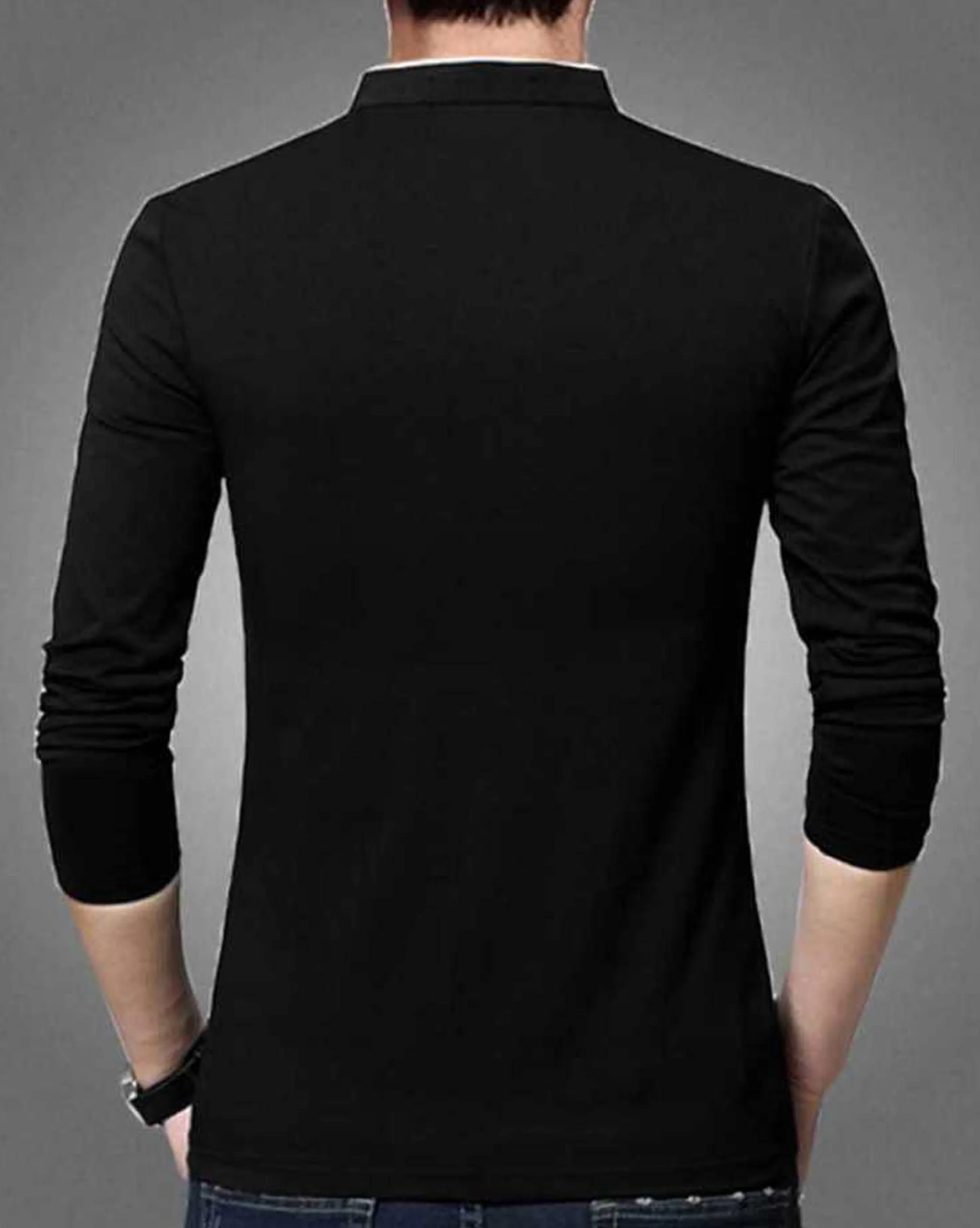 AUSK Men's Cotton Henley Neck Full Sleeve Solid Regular Fit T-Shirt (Large, Black)