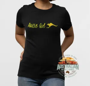 Aussie Girl Kangaroo Ladies T-Shirt (Black, Green & Gold Print)