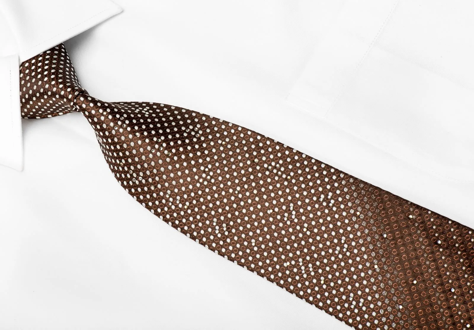 Austin Reed Men's Crystal Rhinestone Silk Necktie Silver Dots On Brown With Sparkles