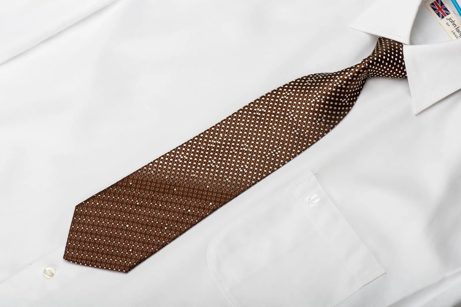 Austin Reed Men's Crystal Rhinestone Silk Necktie Silver Dots On Brown With Sparkles