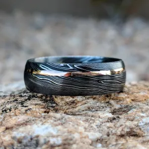 Authentic Damascus Steel Wedding Ring With 14k Rose Gold Inlay