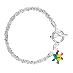 Autism Colored Puzzle Piece Silver Rope Bracelets