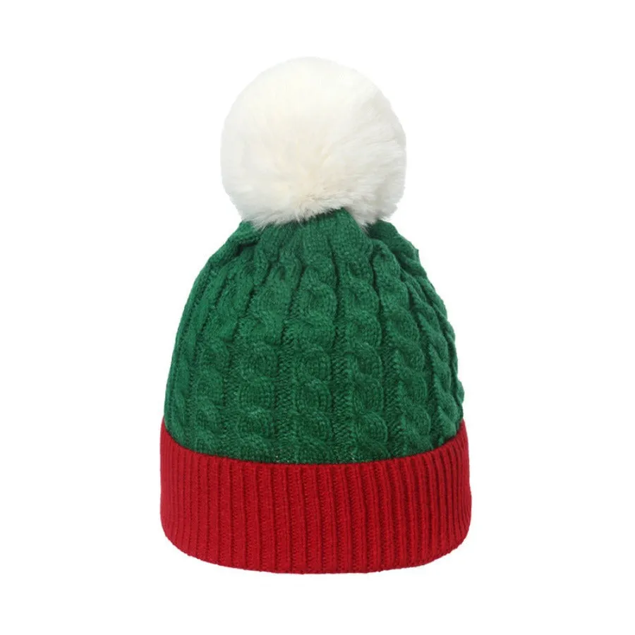 Autumn and winter knitted hat green red stitching wool hat warm fur ball cold hat Christmas hat