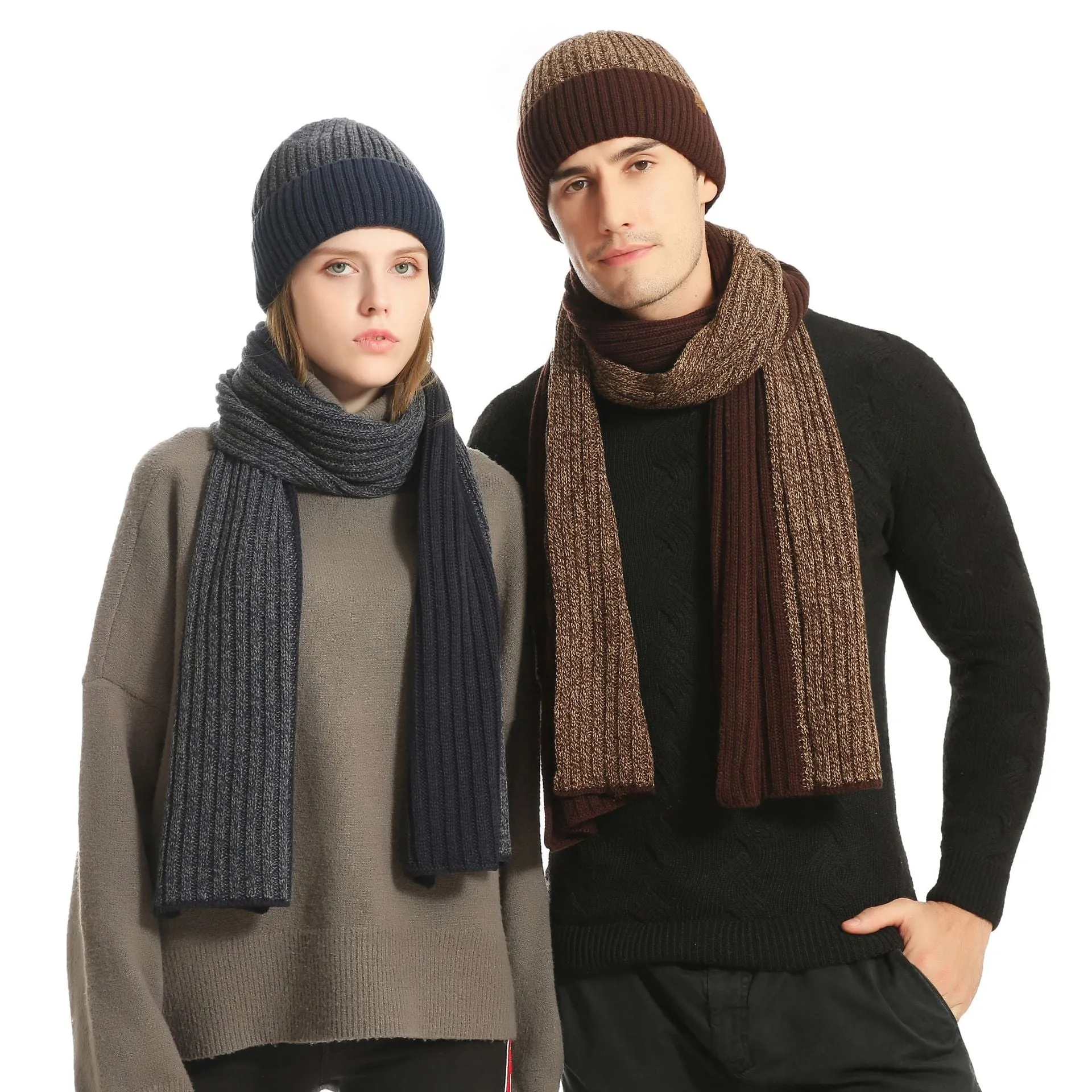 Autumn and winter men's and women's knitted thickening warm wool hat scarf gloves three-piece set