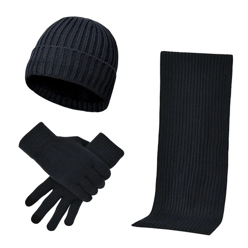 Autumn and winter men's and women's knitted thickening warm wool hat scarf gloves three-piece set