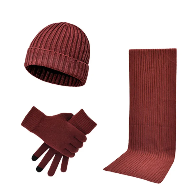 Autumn and winter men's and women's knitted thickening warm wool hat scarf gloves three-piece set