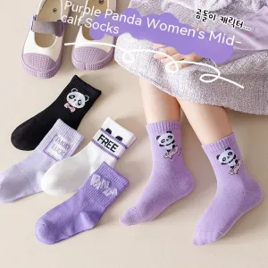 Autumn And Winter Purple Panda Cartoon Mid Tube Cotton Boys And Girls Athletic Socks