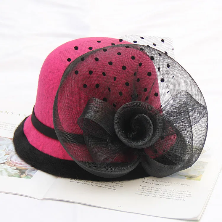 Autumn and winter woolen hat net flower ladies wild British retro wedding fashion hat