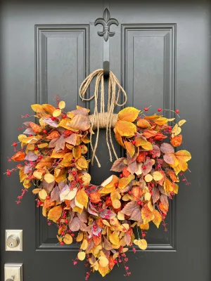 Autumn Bittersweet, Orange Japanese Lanterns and Fall Leaves Wreath