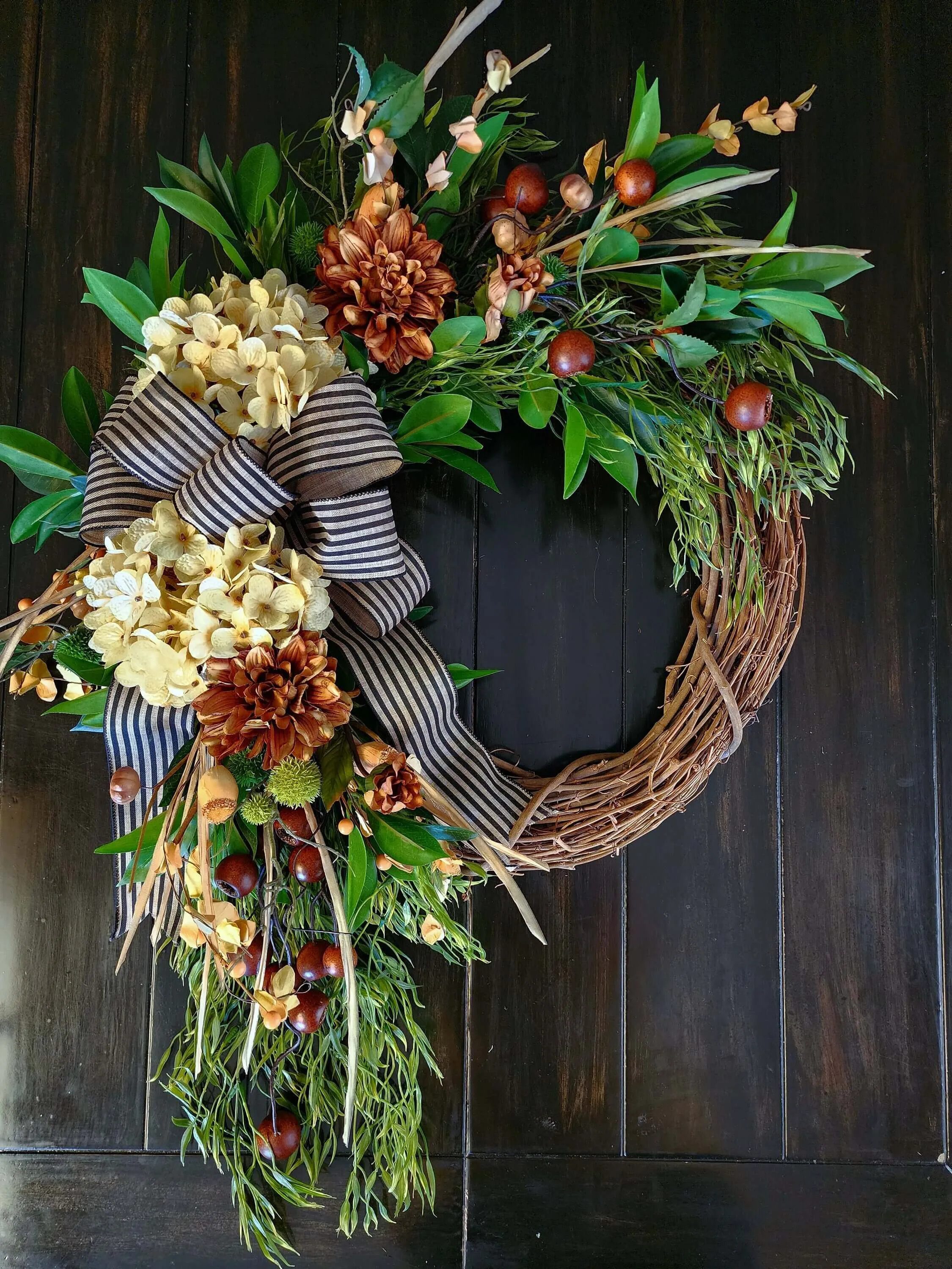 Autumn country wreath, warm toned wreath, farmhouse wreath,  front door wreath, wreath with florals and ribbon.