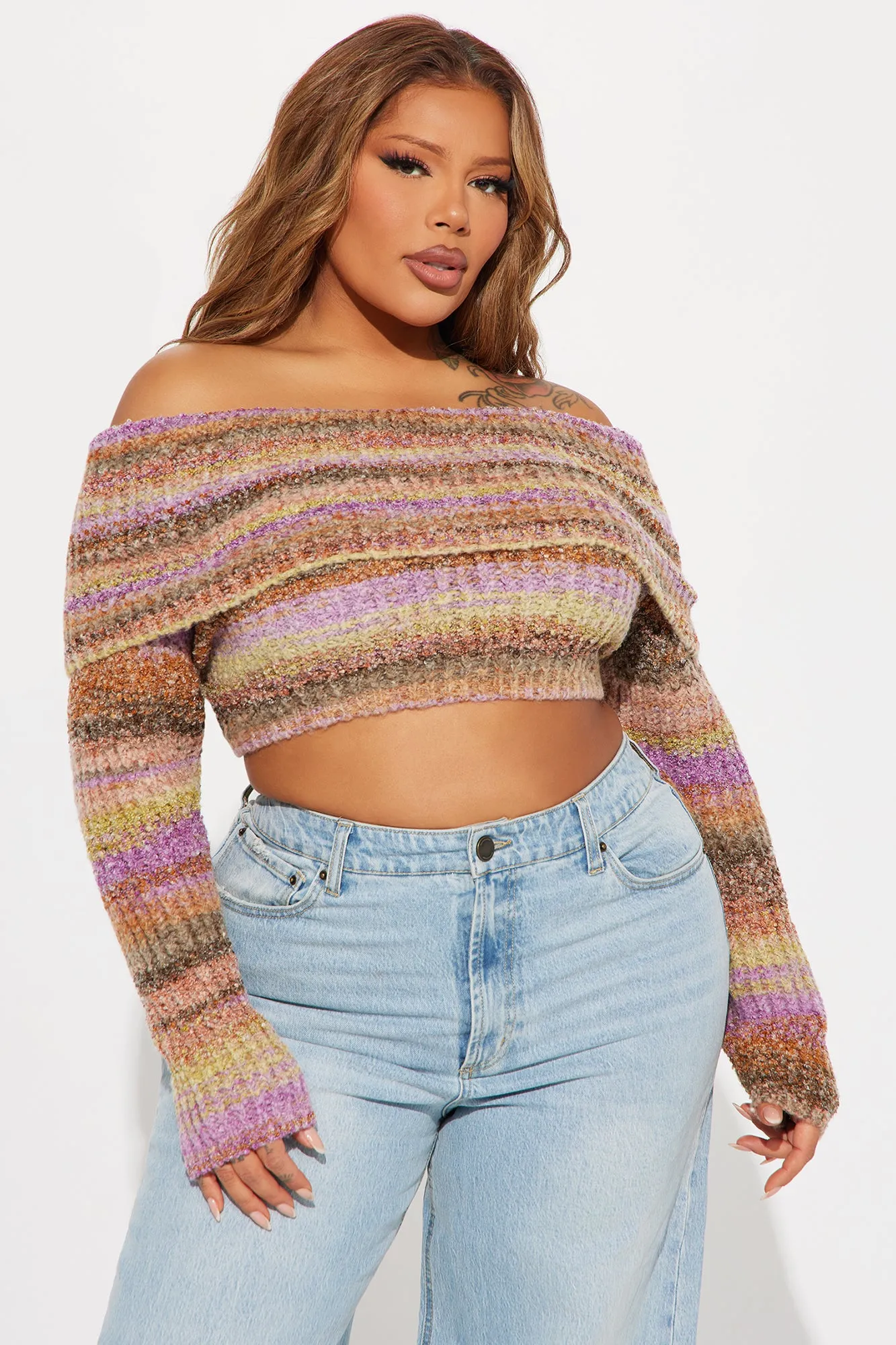 Autumn Leaves Off Shoulder Sweater - Purple/combo