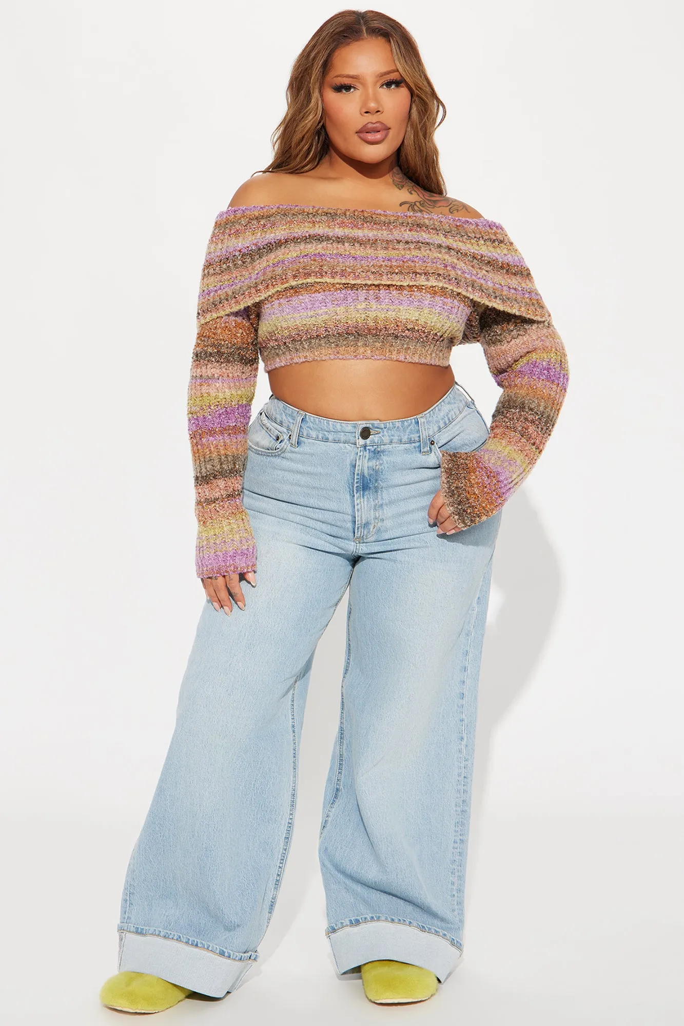 Autumn Leaves Off Shoulder Sweater - Purple/combo