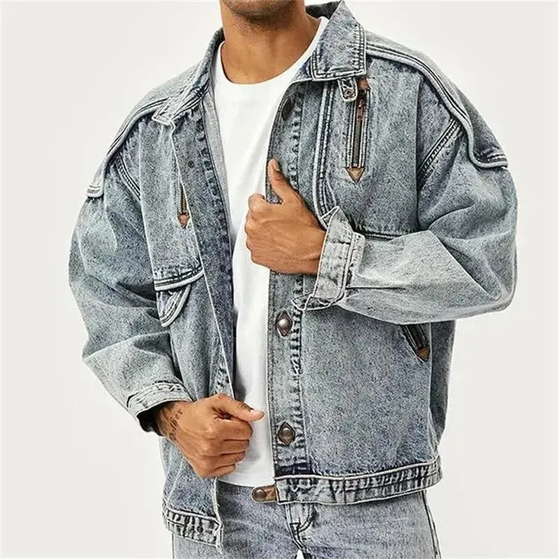 Autumn Men Denim Jacket Solid Color Male Lapel American New Stylish Outwear Washed Patchwork Multi-pocket 12A5983