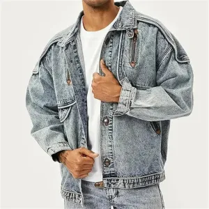 Autumn Men Denim Jacket Solid Color Male Lapel American New Stylish Outwear Washed Patchwork Multi-pocket 12A5983