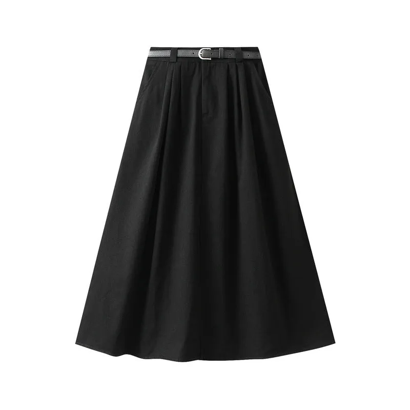 Autumn Retro Hong Kong Washed Cotton A line Skirt Women Big Swing Mid Length Skirt with Belt